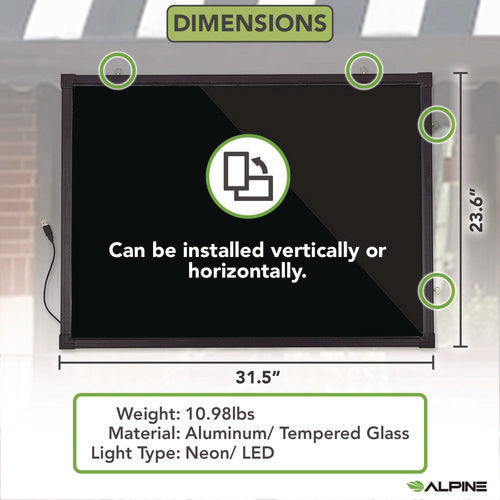 Alpine Industries Led Illuminated Hanging Message Writing Board 23.6"x31.5" Black Surface Black Aluminum Frame