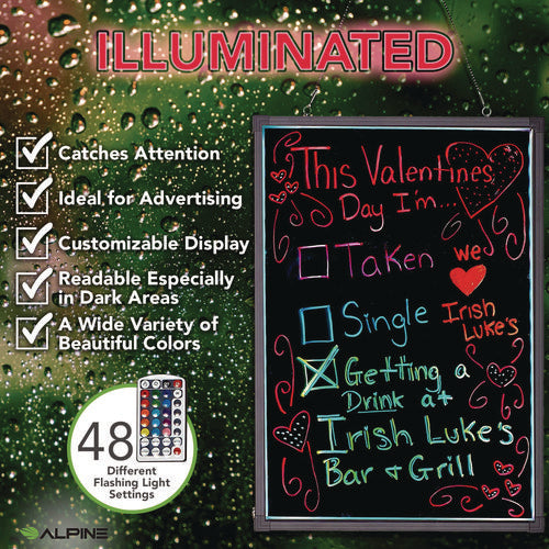 Alpine Industries Led Illuminated Hanging Message Writing Board 23.6"x31.5" Black Surface Black Aluminum Frame