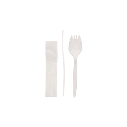 Pactiv Evergreen Fieldware Cutlery Kit 5.5" Spork 10x8 Napkin Standard Straw Mediumweight White 1000/Case