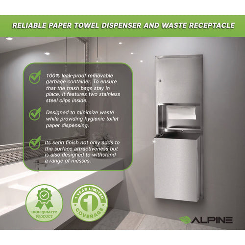 Alpine Industries Stainless Steel Recessed Paper Towel Dispenser With Waste Receptacle 56x4x17