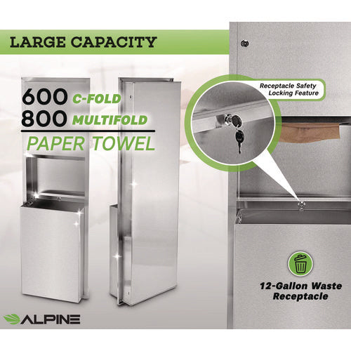 Alpine Industries Stainless Steel Recessed Paper Towel Dispenser With Waste Receptacle 56x4x17