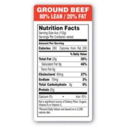 1.5 X 3" Ground Beef 80% Lean/20% Fat Meat Nutrition Label 1000/Roll