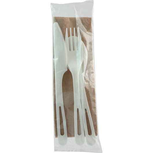 World Centric Tpla Compostable Corn Starch Individually Wrapped Knife-Fork-Spoon-& Napkin Assorted Cutlery Kit-250 Each-1/Case