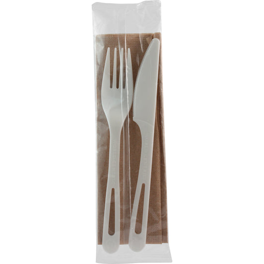 World Centric Tpla Compostable Individually Wrapped Knife-Fork-And Napkin Assorted Cutlery Kit-500 Each-1/Case