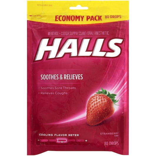 Halls Strawberry Eco Bag Cough Drops-80 Count-12/Case