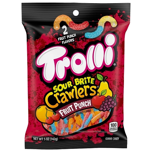 Trolli Fruit Punch Sour Brite Crawlers Gummy Candy Peg Bag-5 oz.-12/Case