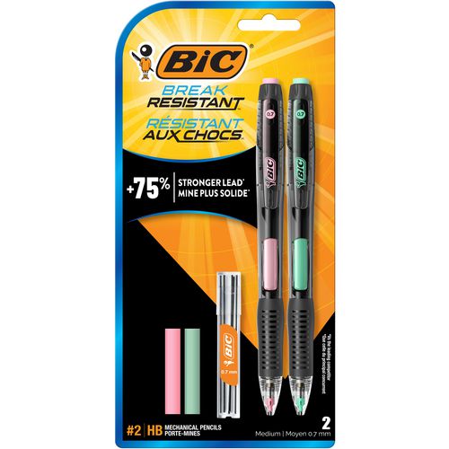 BIC Break-resistant Mechanical Pencils With Erasers 0.7 Mm Hb (#2) Black Lead Green And Pink Barrel Colors 2/pack