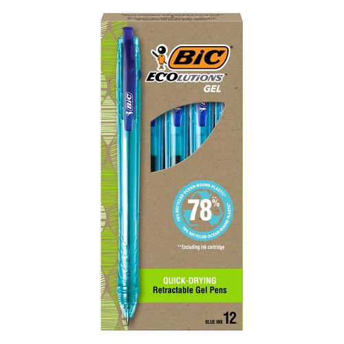 BIC Ecolutions Gel Pen Retractable Medium 1 Mm Blue Ink Blue Barrel Dozen