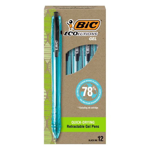 BIC Ecolutions Gel Pen Retractable Medium 1 Mm Black Ink Blue Barrel Dozen