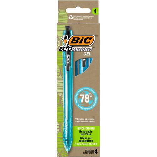 BIC Ecolutions Gel Pen Retractable Medium 1 Mm Black Ink Blue Barrel 4/pack