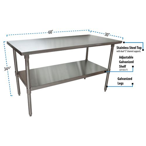 BK Resources Stainless Steel Flat Top Work Tables 60wx30dx36h Silver 2/pallet