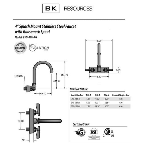 BK Resources Evolution Splash Mount Stainless Steel Faucet 9.06" Height/4.5" Reach Stainless Steel