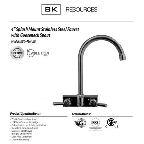 BK Resources Evolution Splash Mount Stainless Steel Faucet 9.06" Height/4.5" Reach Stainless Steel