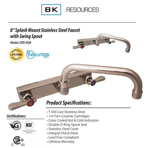 BK Resources Evolution Splash Mount Stainless Steel Faucet 4.63" Height 8" Reach Stainless Steel