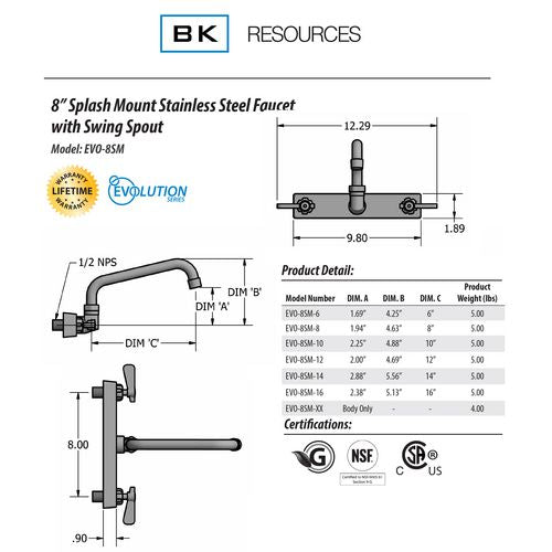 BK Resources Evolution Splash Mount Stainless Steel Faucet 4.63" Height 8" Reach Stainless Steel