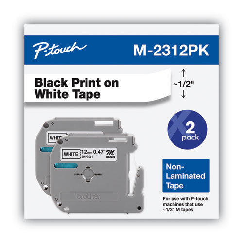 Brother P-Touch M Series Tape Cartridges For P-touch Labelers 0.47"x26.2 Ft Black On White 2/pack