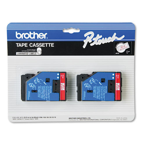 Brother P-Touch Tc Tape Cartridges For P-touch Labelers 0.47"x25.2 Ft Red On Clear 2/pack