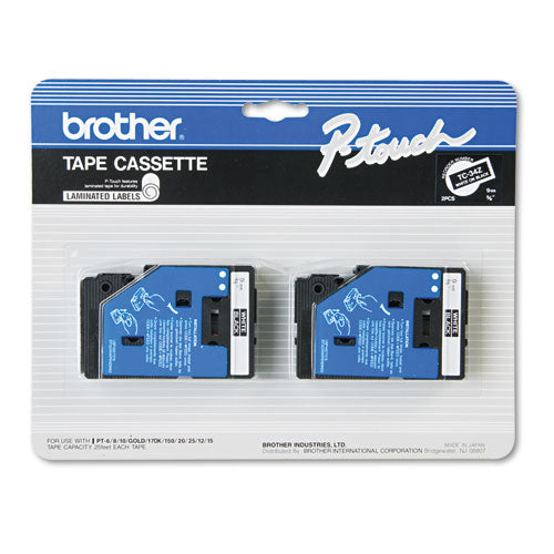 Brother P-Touch Tc Tape Cartridges For P-touch Labelers 0.35"x25.2 Ft White On Black 2/pack