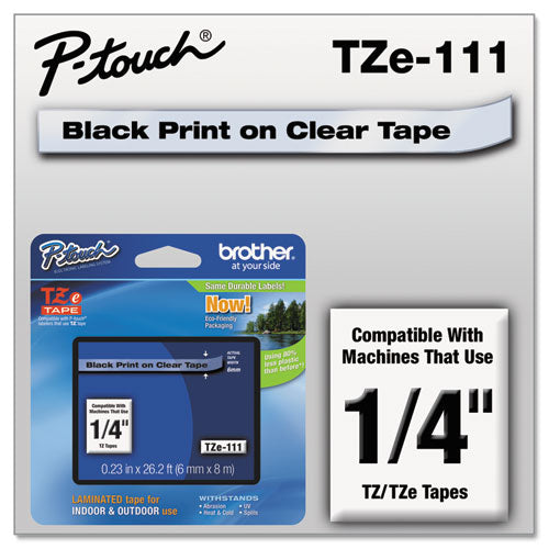 Brother P-Touch Tze Standard Adhesive Laminated Labeling Tape 0.23"x26.2 Ft Black On Clear