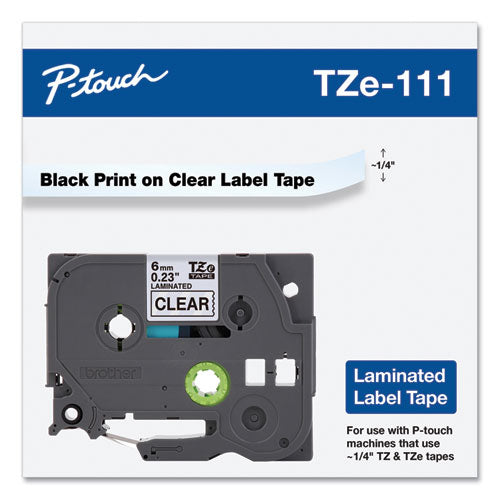 Brother P-Touch Tze Standard Adhesive Laminated Labeling Tape 0.23"x26.2 Ft Black On Clear