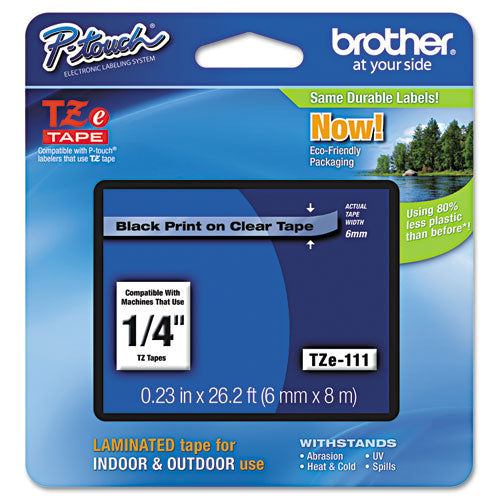 Brother P-Touch Tze Standard Adhesive Laminated Labeling Tape 0.23"x26.2 Ft Black On Clear