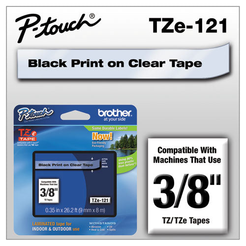 Brother P-Touch Tze Standard Adhesive Laminated Labeling Tape 0.35"x26.2 Ft Black On Clear