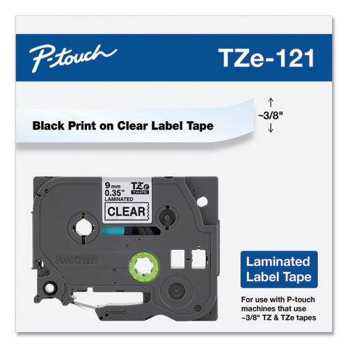 Brother P-Touch Tze Standard Adhesive Laminated Labeling Tape 0.35"x26.2 Ft Black On Clear