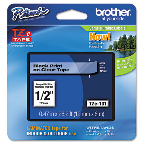 Brother P-Touch Tze Standard Adhesive Laminated Labeling Tape 0.47"x26.2 Ft Black On Clear