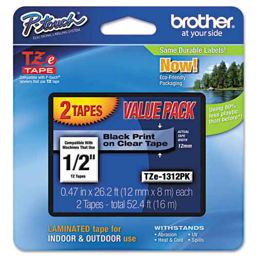 Brother P-Touch Tze Standard Adhesive Laminated Labeling Tapes 0.47"x26.2 Ft Black On Clear 2/pack