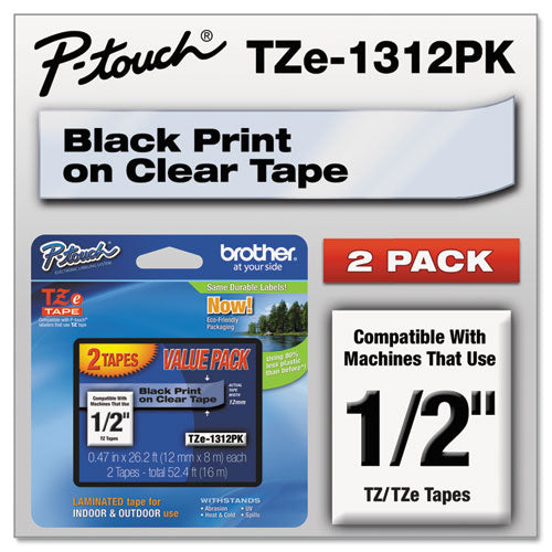 Brother P-Touch Tze Standard Adhesive Laminated Labeling Tapes 0.47"x26.2 Ft Black On Clear 2/pack