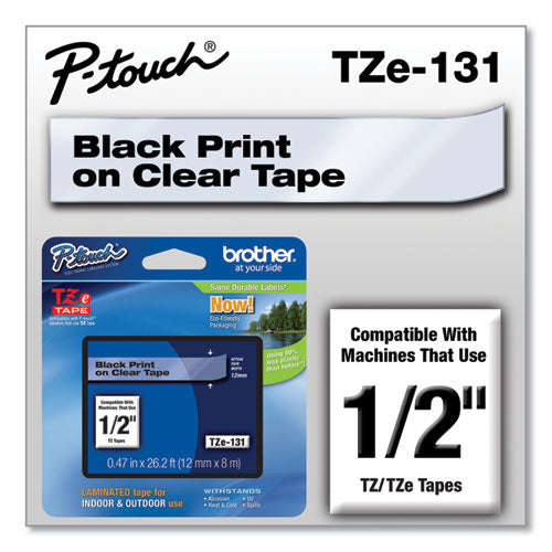 Brother P-Touch Tze Standard Adhesive Laminated Labeling Tape 0.47"x26.2 Ft Black On Clear