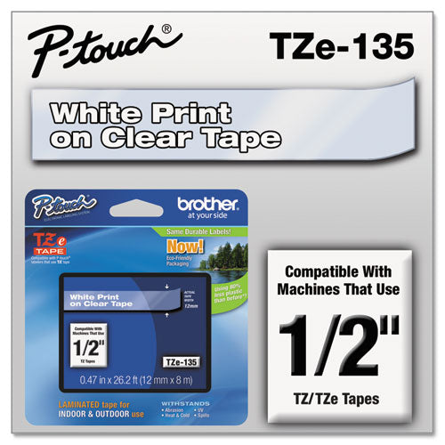 Brother P-Touch Tze Standard Adhesive Laminated Labeling Tape 0.47"x26.2 Ft White On Clear