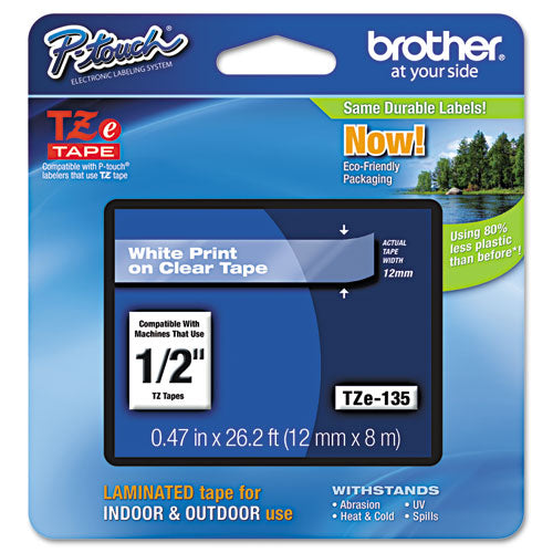 Brother P-Touch Tze Standard Adhesive Laminated Labeling Tape 0.47"x26.2 Ft White On Clear