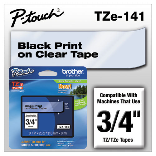 Brother P-Touch Tze Standard Adhesive Laminated Labeling Tape 0.7"x26.2 Ft Black On Clear