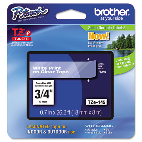 Brother P-Touch Tze Standard Adhesive Laminated Labeling Tape 0.7"x26.2 Ft White On Clear