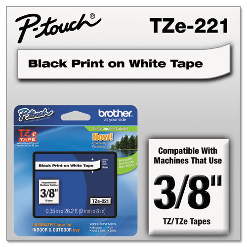 Brother P-Touch Tze Standard Adhesive Laminated Labeling Tape 0.35"x26.2 Ft Black On White