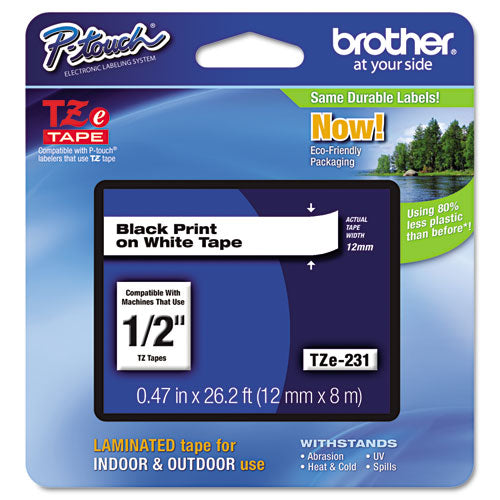 Brother P-Touch Tze Standard Adhesive Laminated Labeling Tape 0.47"x26.2 Ft Black On White