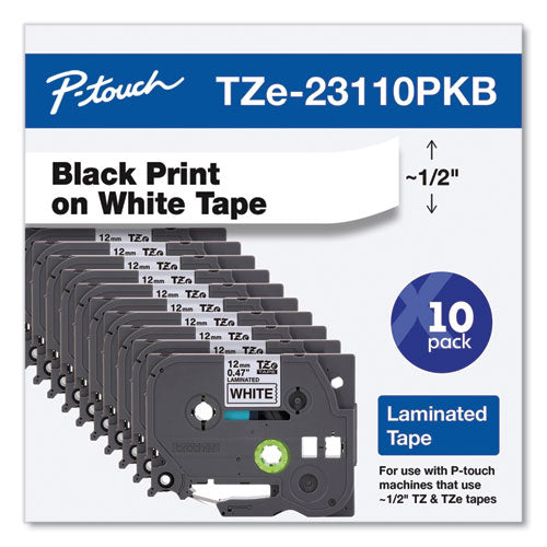 Brother P-Touch Tze Series Standard Adhesive Laminated Labeling Tape 0.5" Black On White 10/pack