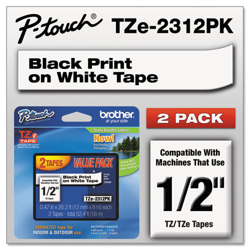 Brother P-Touch Tze Standard Adhesive Laminated Labeling Tapes 0.47"x26.2 Ft Black On White 2/pack