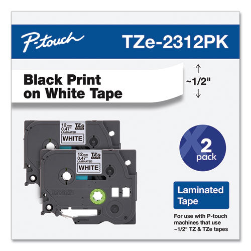 Brother P-Touch Tze Standard Adhesive Laminated Labeling Tapes 0.47"x26.2 Ft Black On White 2/pack