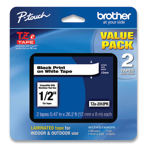 Brother P-Touch Tze Standard Adhesive Laminated Labeling Tapes 0.47"x26.2 Ft Black On White 2/pack