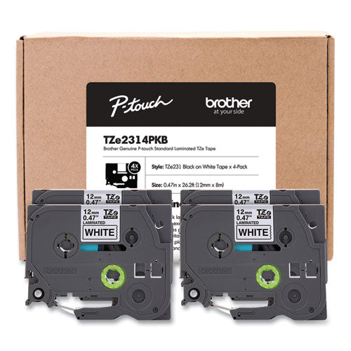 Brother P-Touch Tze Series Standard Adhesive Laminated Labeling Tape 0.5" Black On White 4/pack