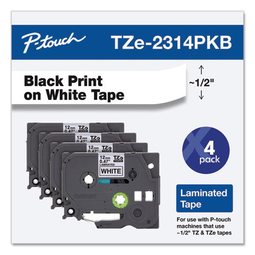 Brother P-Touch Tze Series Standard Adhesive Laminated Labeling Tape 0.5" Black On White 4/pack