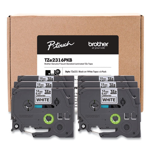 Brother P-Touch Tze Series Standard Adhesive Laminated Labeling Tape 0.5" Black On White 6/pack