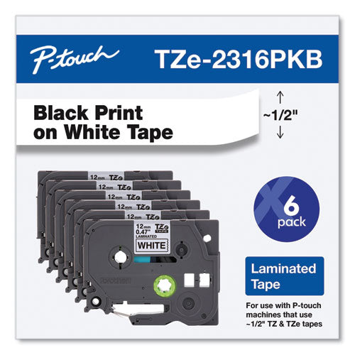 Brother P-Touch Tze Series Standard Adhesive Laminated Labeling Tape 0.5" Black On White 6/pack