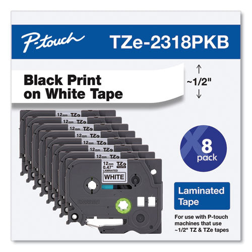 Brother P-Touch Tze Series Standard Adhesive Laminated Labeling Tape 0.5" Black On White 8/pack