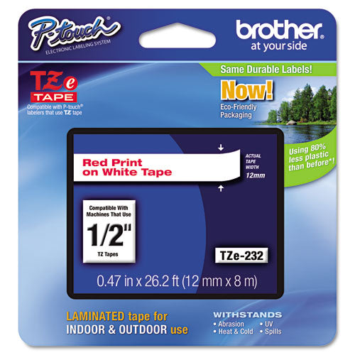 Brother P-Touch Tze Standard Adhesive Laminated Labeling Tape 0.47"x26.2 Ft Red On White