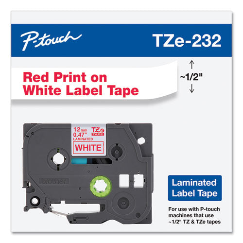 Brother P-Touch Tze Standard Adhesive Laminated Labeling Tape 0.47"x26.2 Ft Red On White