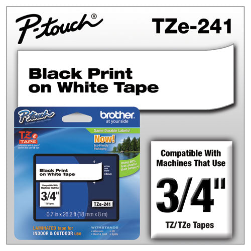 Brother P-Touch Tze Standard Adhesive Laminated Labeling Tape 0.7"x26.2 Ft Black On White