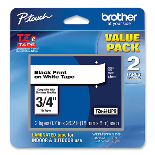 Brother P-Touch Tze Standard Adhesive Laminated Labeling Tape 0.7"x26.2 Ft Black On White 2/pack